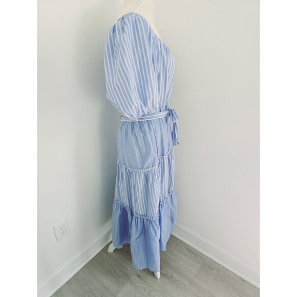 Fifteen Twenty Cotton Striped Blue White Tie Tiered Peasant Midi Cottage Dress L - Picture 5 of 13